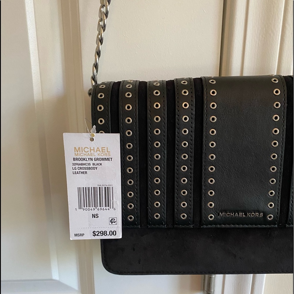 Brand new Michael Kors cross body suede black leather silver Brooklyn Grommet